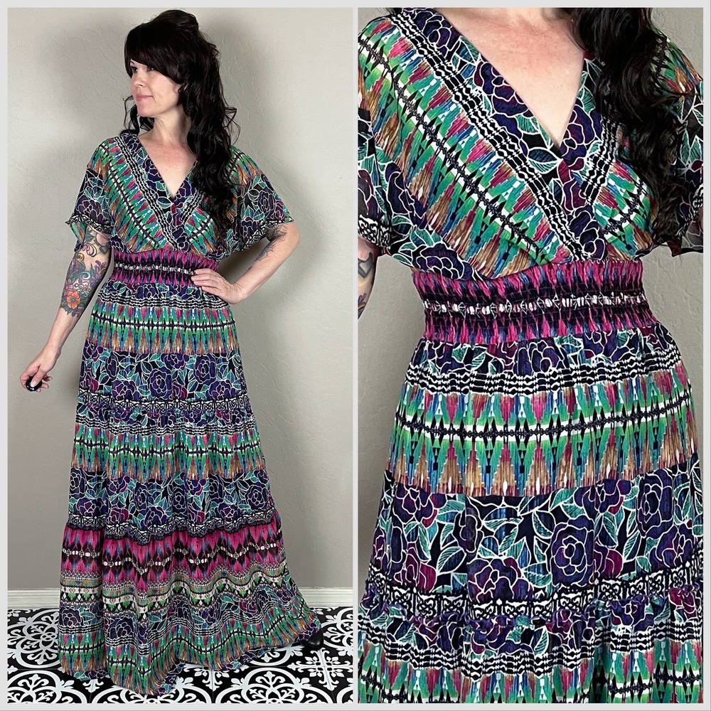 Vintage Y2K Flutter Sleeve Chiffon Floral Print Maxi Dress - Picture 1 of 7